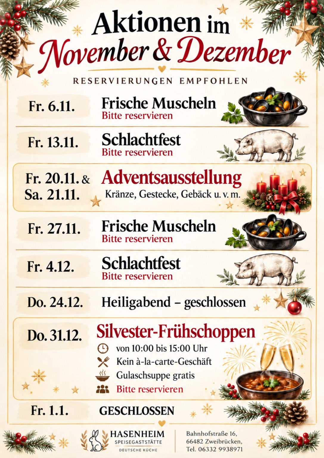 Aktionsplakat des Hasenheims für November und Dezember mit Terminen für frische Muscheln, Schlachtfest, Adventsausstellung, Silvester-Frühschoppen und Schließtagen.