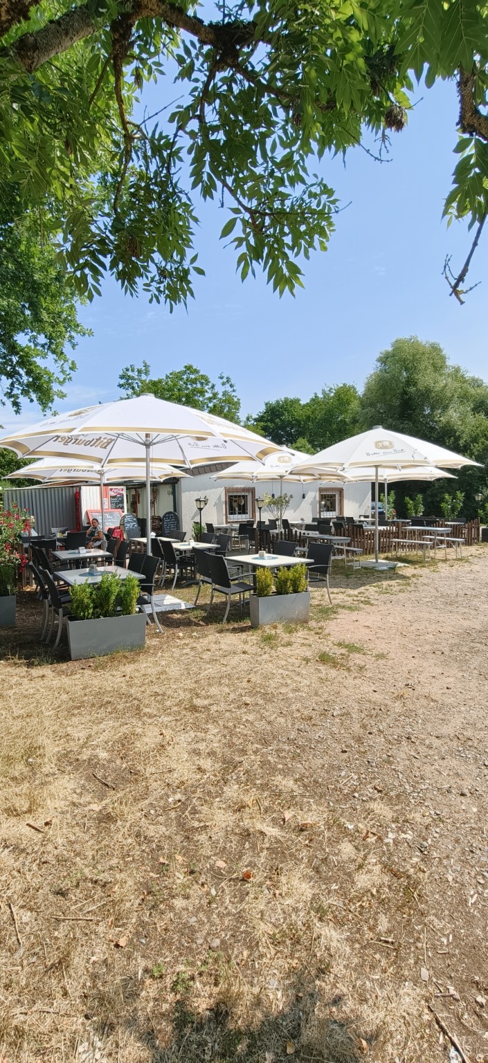 Biergarten des Hasenheims unter grünen Bäumen