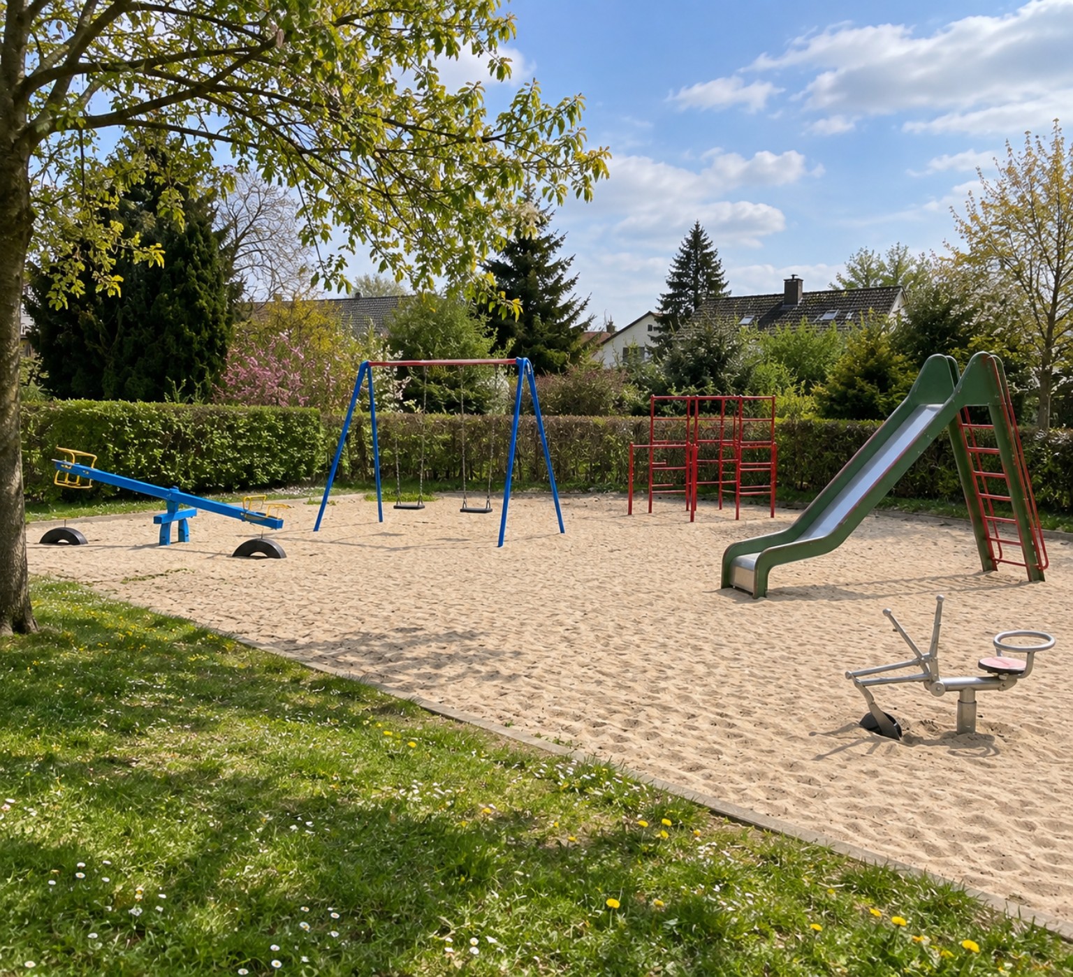 Großer Spielplatz mit Schaukel, Rutsche, Wippe und Klettergerüst